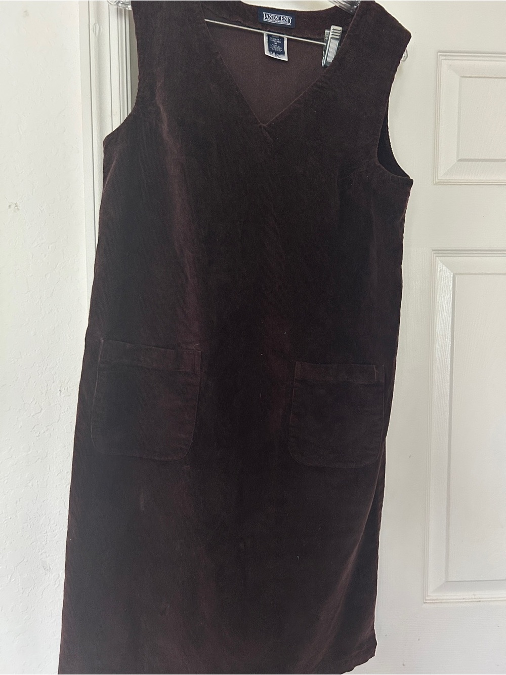 Lands' End Dark Brown Corduroy V-Neck Midi Pinafore Dress